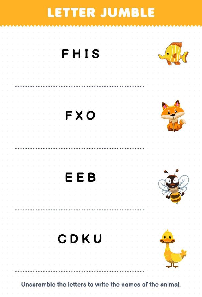 Education game for children letter jumble write the correct name for cute cartoon fish fox bee duck printable animal worksheet vector