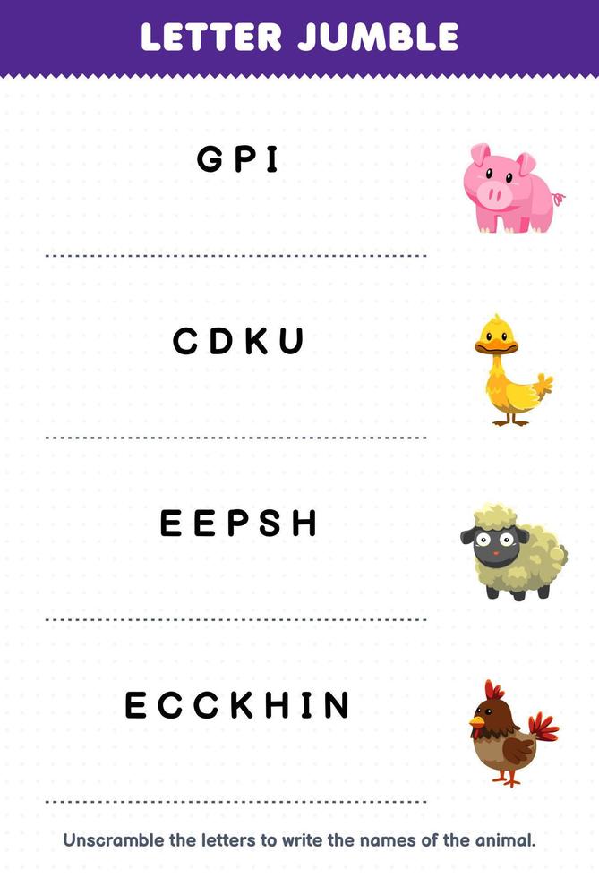 Education game for children letter jumble write the correct name for cute cartoon pig duck sheep chicken printable animal worksheet vector