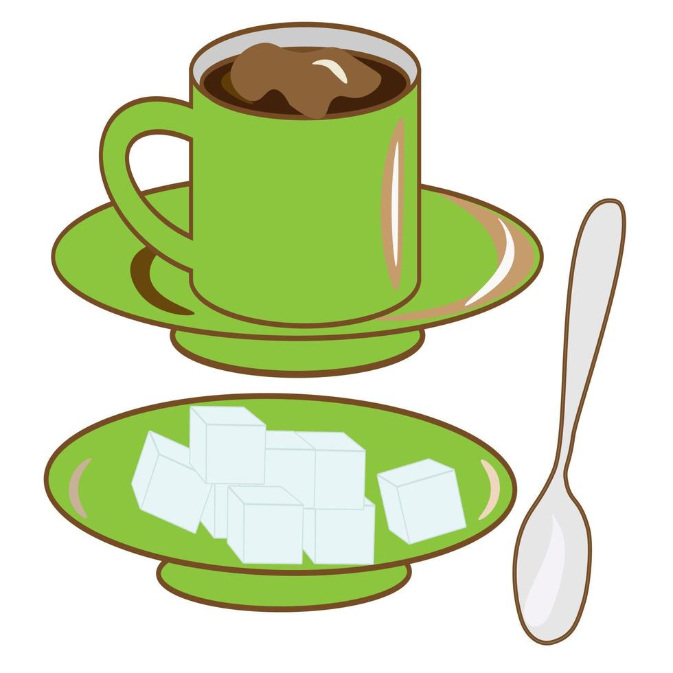 café colocar. un taza y un café maceta con azúcar y un cuchara en un platillo. café tienda ilustración bandera póster negocio tarjeta. vector