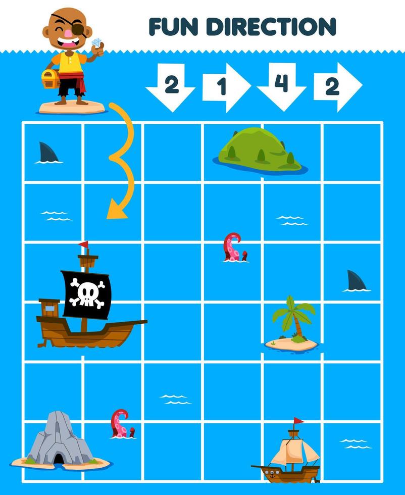 Education game for children fun direction help bald man move according to the numbers on the arrows printable pirate worksheet vector