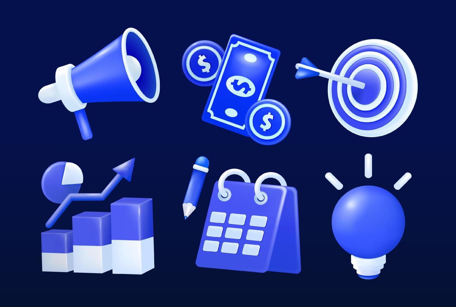 Business plan. Vector 3d of money, target, growth, list, lights and Megaphone