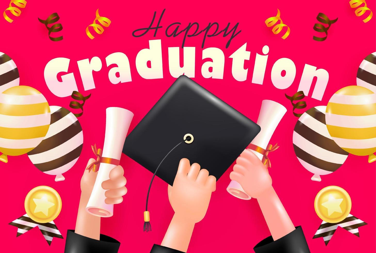 Happy Graduation. 3d vector of a hand holding a cap and certificate, with balloon and medal ornaments