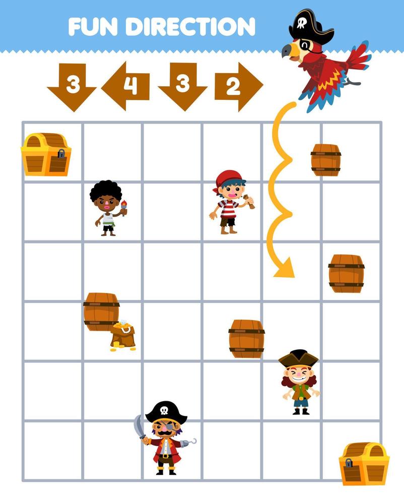 educación juego para niños divertido dirección ayuda loro vistiendo pirata sombrero moverse según a el números en el flechas imprimible pirata hoja de cálculo vector