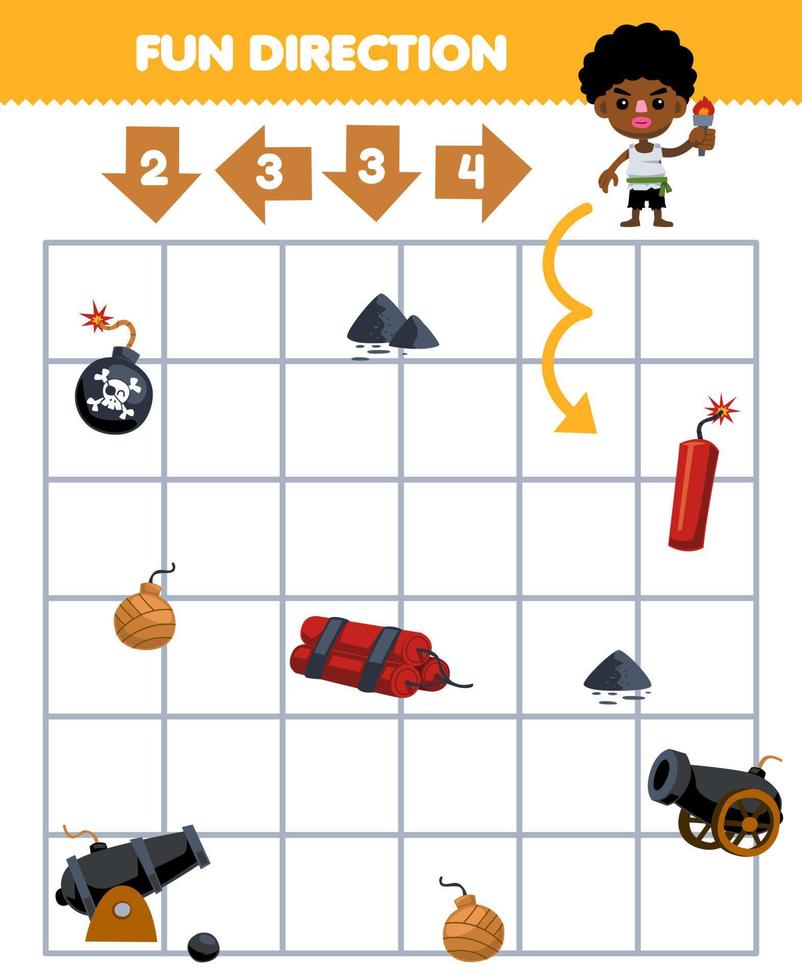 Education game for children fun direction help boy carrying torch move according to the numbers on the arrows printable pirate worksheet vector