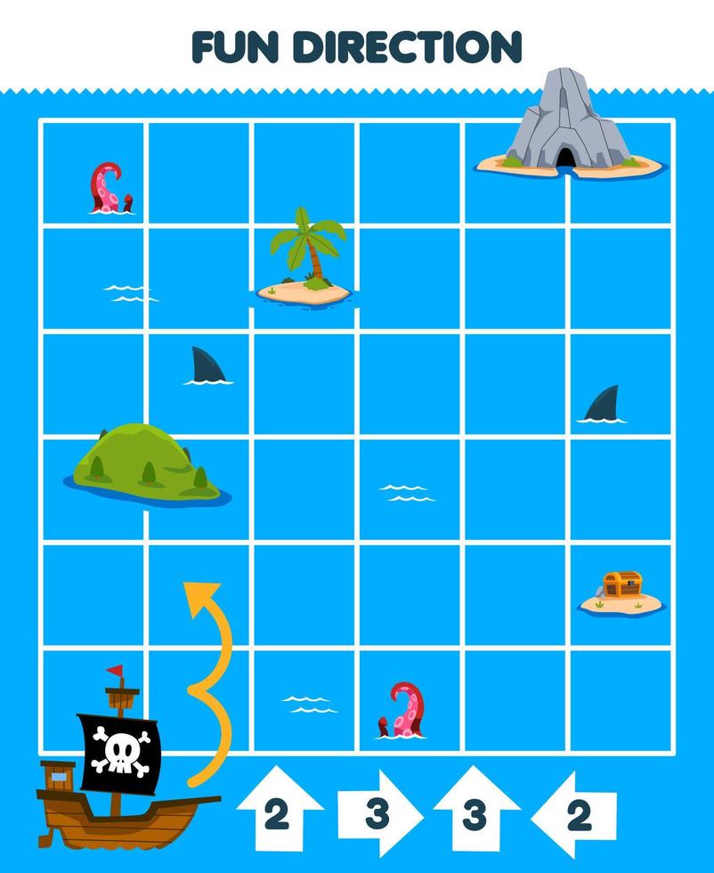 Education game for children fun direction help ship move according to the numbers on the arrows printable pirate worksheet vector