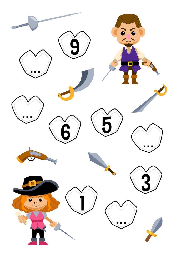 Education game for complete the sequence of number with cute cartoon man and woman around the sword picture printable pirate worksheet vector
