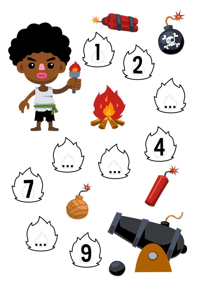 Education game for complete the sequence of number with cute cartoon boy around the bonfire and cannon picture printable pirate worksheet vector