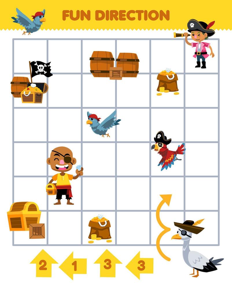 Education game for children fun direction help seagull wearing hat move according to the numbers on the arrows printable pirate worksheet vector