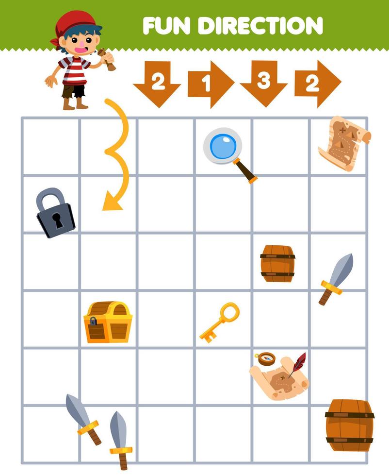 Education game for children fun direction help the boy move according to the numbers on the arrows printable pirate worksheet vector
