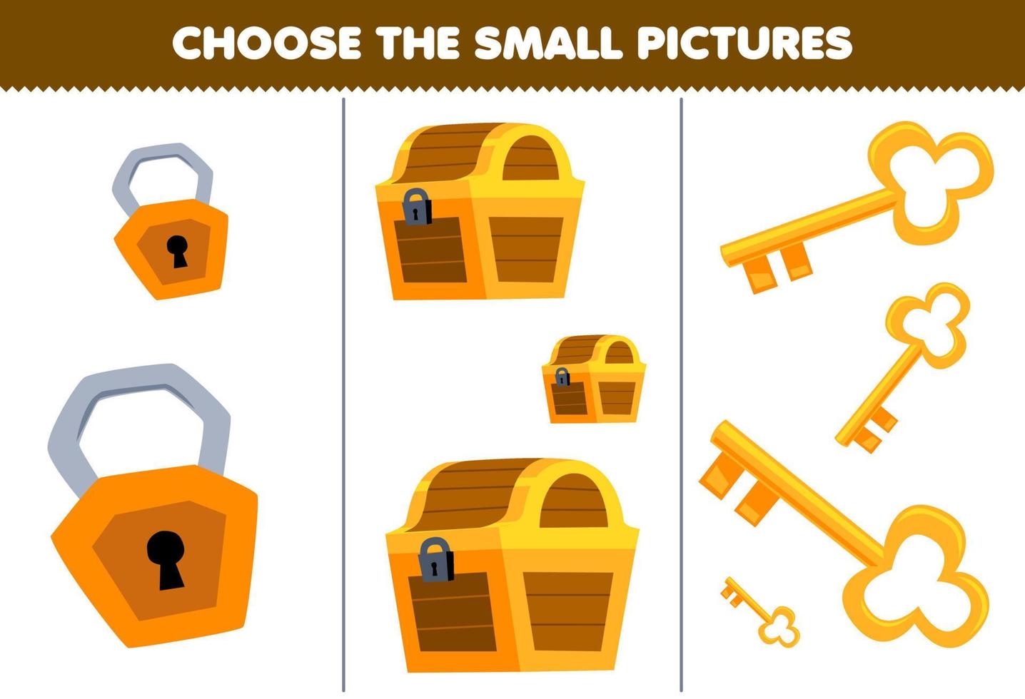 Education game for children choose the small picture of cute cartoon padlock chest and key printable pirate worksheet vector