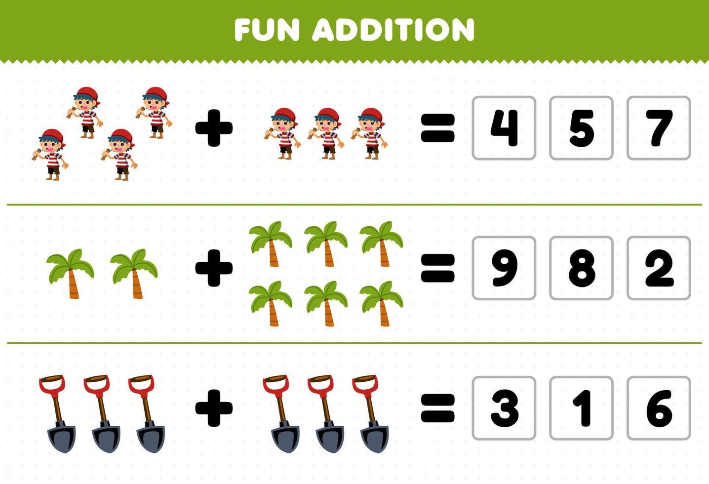 educación juego para niños divertido adición por adivinar el correcto número de linda dibujos animados chico árbol y pala imprimible pirata hoja de cálculo vector