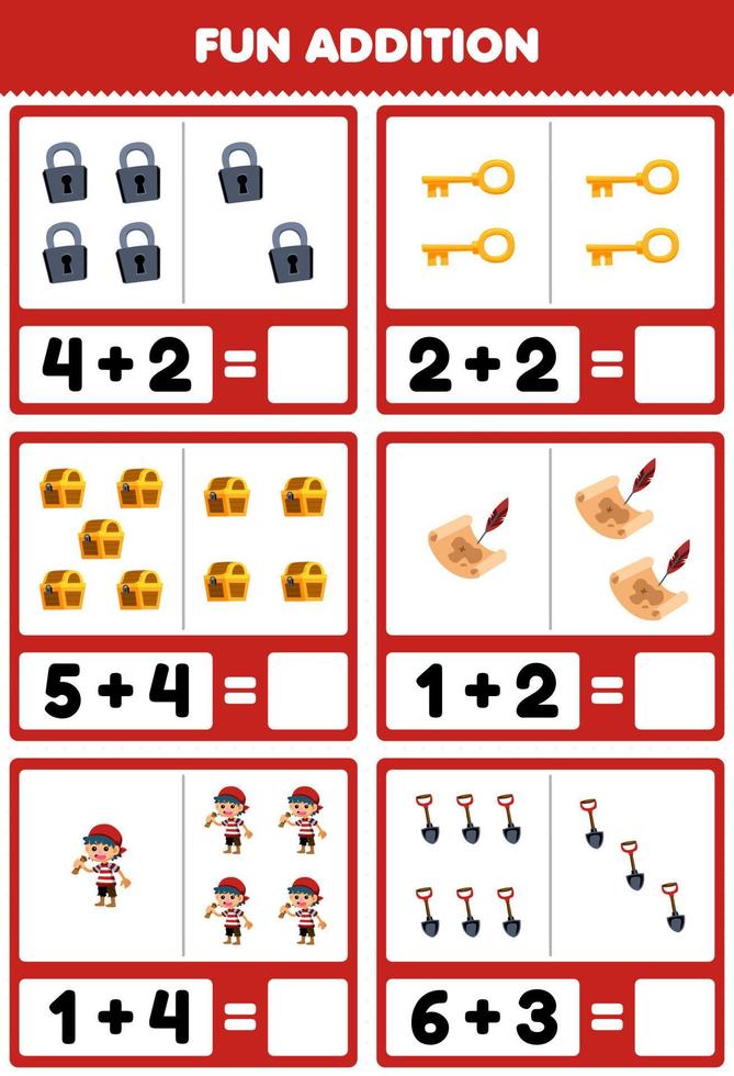 Education game for children fun addition by counting and sum of cute cartoon padlock key chest treasure map boy shovel printable pirate worksheet vector