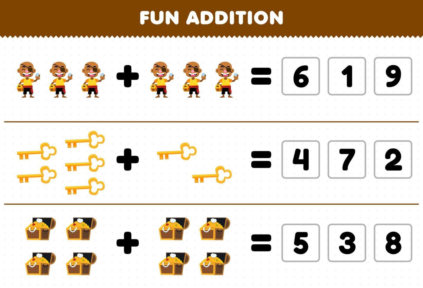 Education game for children fun addition by guess the correct number of cute cartoon bald man key and treasure chest printable pirate worksheet vector