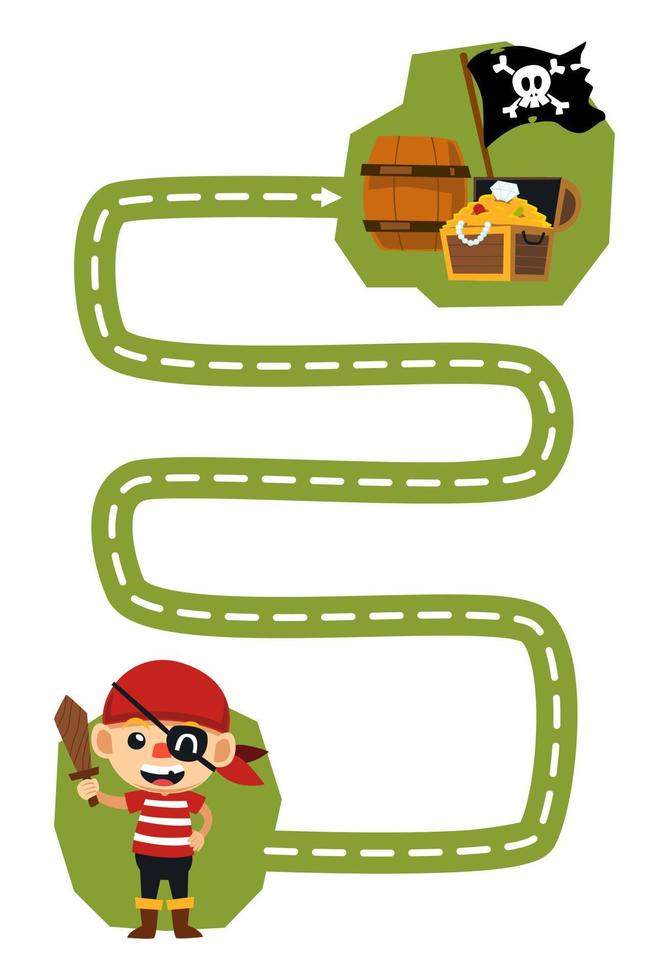 Education game for children handwriting practice trace the lines help cute cartoon boy move to barrel treasure chest and flag printable pirate worksheet vector