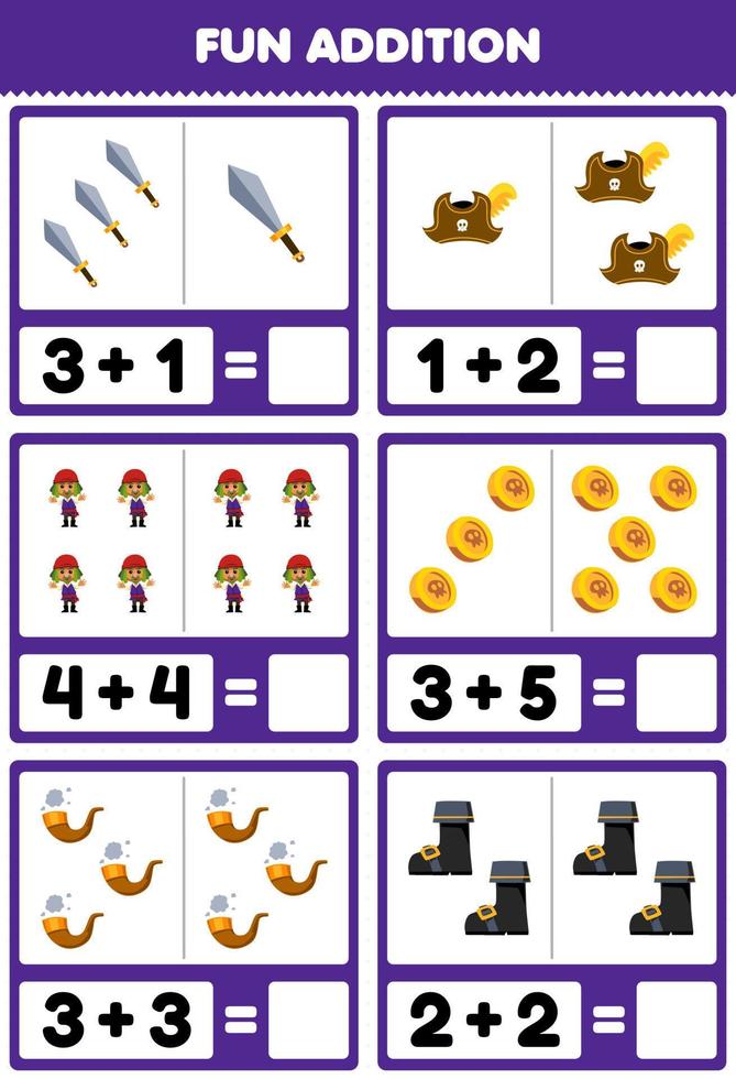 Education game for children fun addition by counting and sum of cute cartoon sword hat man coin pipe boot printable pirate worksheet vector