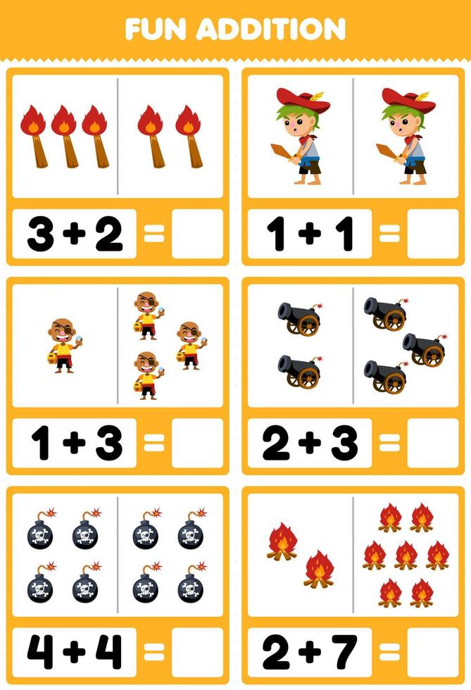 Education game for children fun addition by counting and sum of cute cartoon torch boy cannon bomb bonfire printable pirate worksheet vector