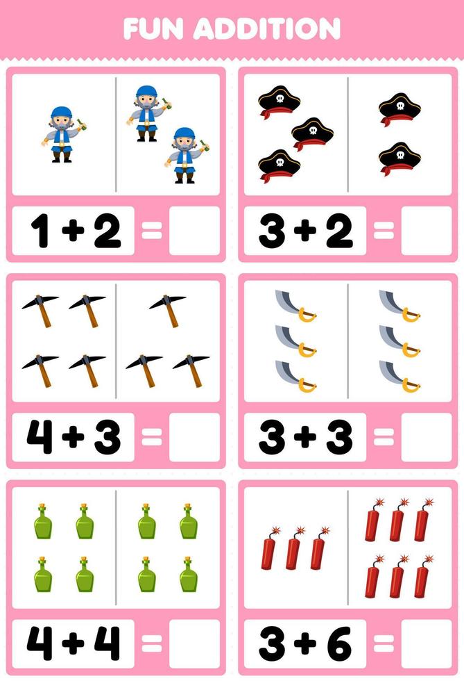 Education game for children fun addition by counting and sum of cute cartoon old man hat pickaxe sword bottle dynamite printable pirate worksheet vector