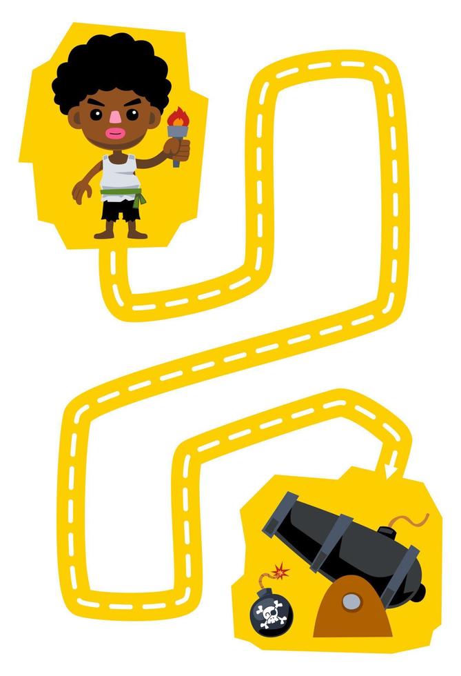Education game for children handwriting practice trace the lines help cute cartoon boy move to cannon and bomb printable pirate worksheet vector