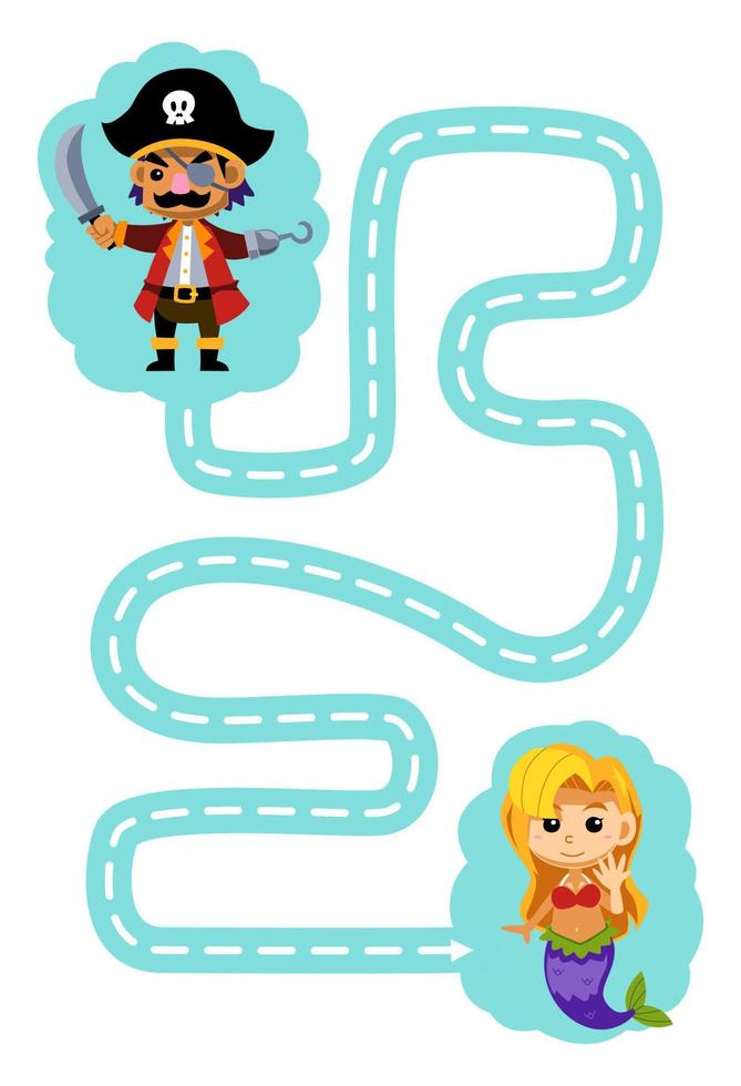 Education game for children handwriting practice trace the lines help cute cartoon pirate captain move to mermaid printable pirate worksheet vector