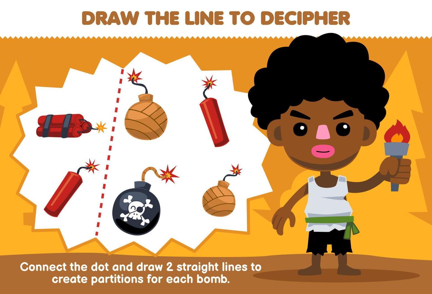 Education game for children help boy draw the lines to separate bomb and dynamite printable pirate worksheet vector