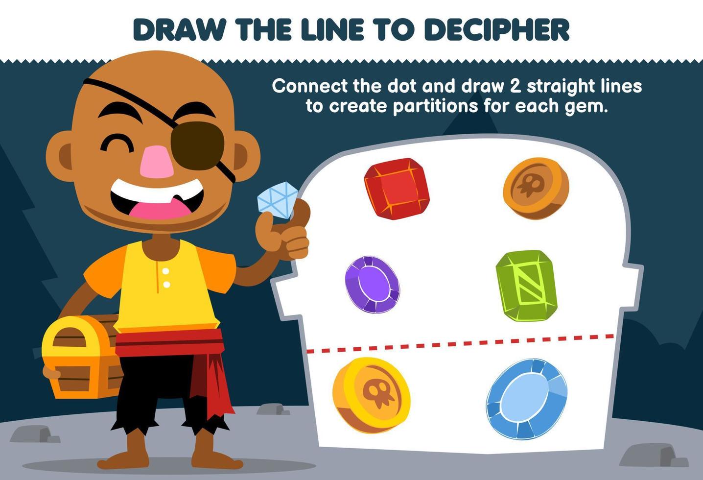 Education game for children help bald man draw the lines to separate the gem printable pirate worksheet vector
