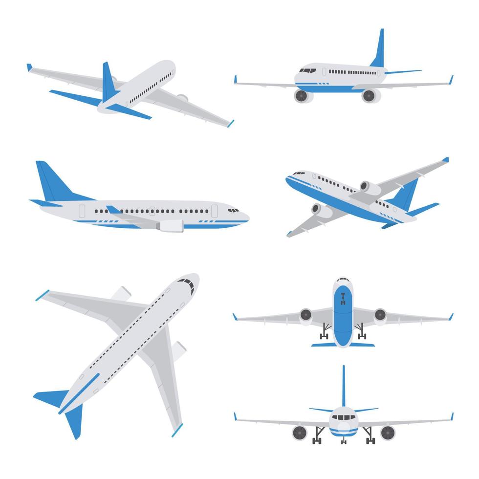 Passenger aircraft in different views. Set of airplane in flat style vector