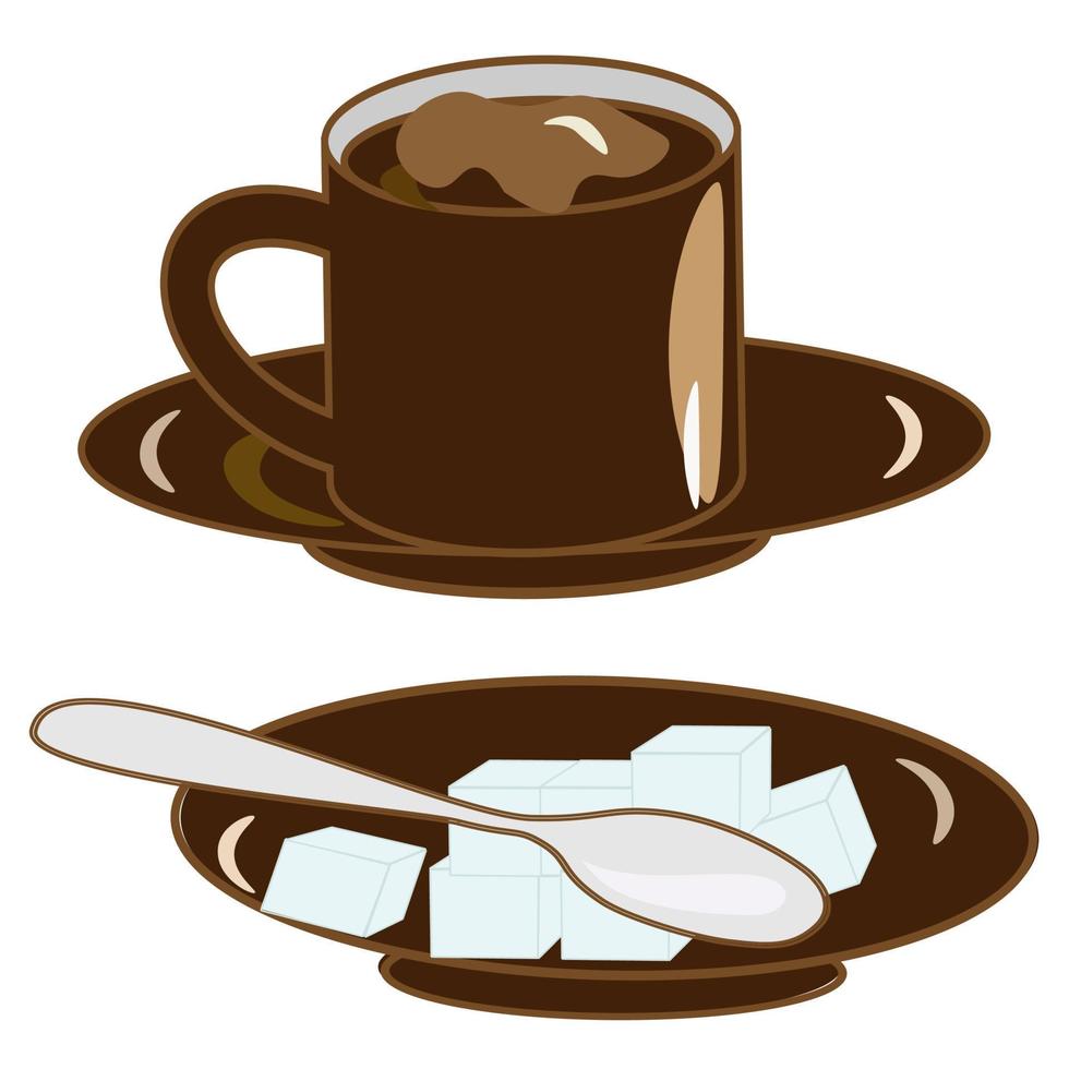 Coffee set. a cup and a coffee pot with sugar and a spoon on a saucer. Coffee shop illustration banner poster business card. vector