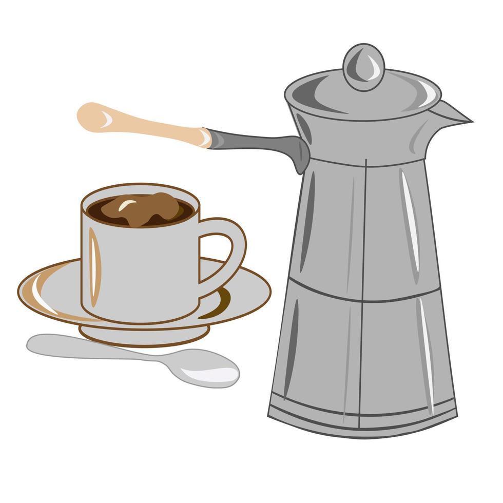 Coffee set. a cup and a coffee pot with sugar and a spoon on a saucer. Coffee shop illustration banner poster business card. vector