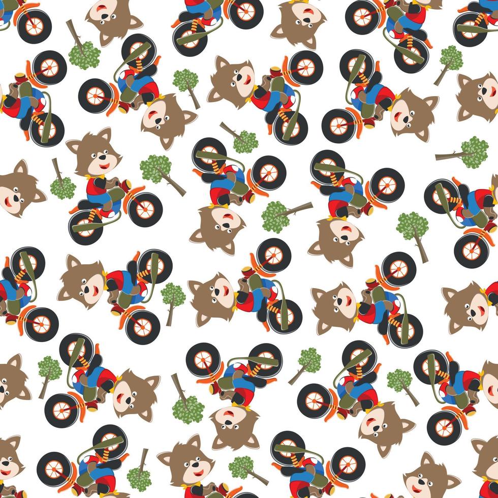 Seamless pattern of cute little fox ride a motorcycle, Can be used for t-shirt print, kids wear fashion design, invitation card. fabric, textile, nursery wallpaper, poster and other decoration. vector