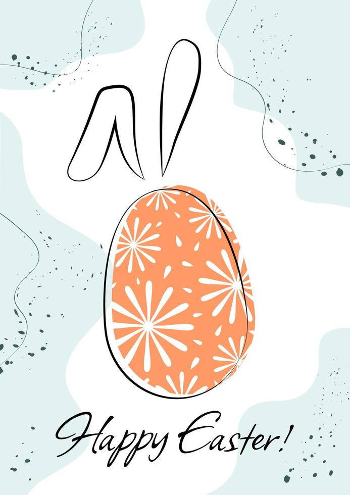 Easter holiday greeting with orange egg silhouette with rabbit ears in line art, Christianity traditional Holiday invitation, poster, celebration card. vector
