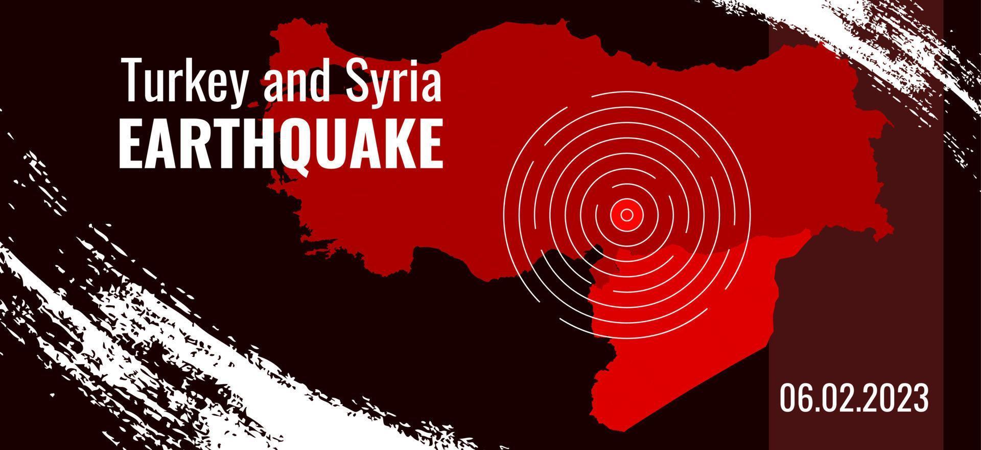 Turkey and Syria earthquake banner with grunge elements. Vector Illustration of the map of Turkey with epicenter of the earthquake.