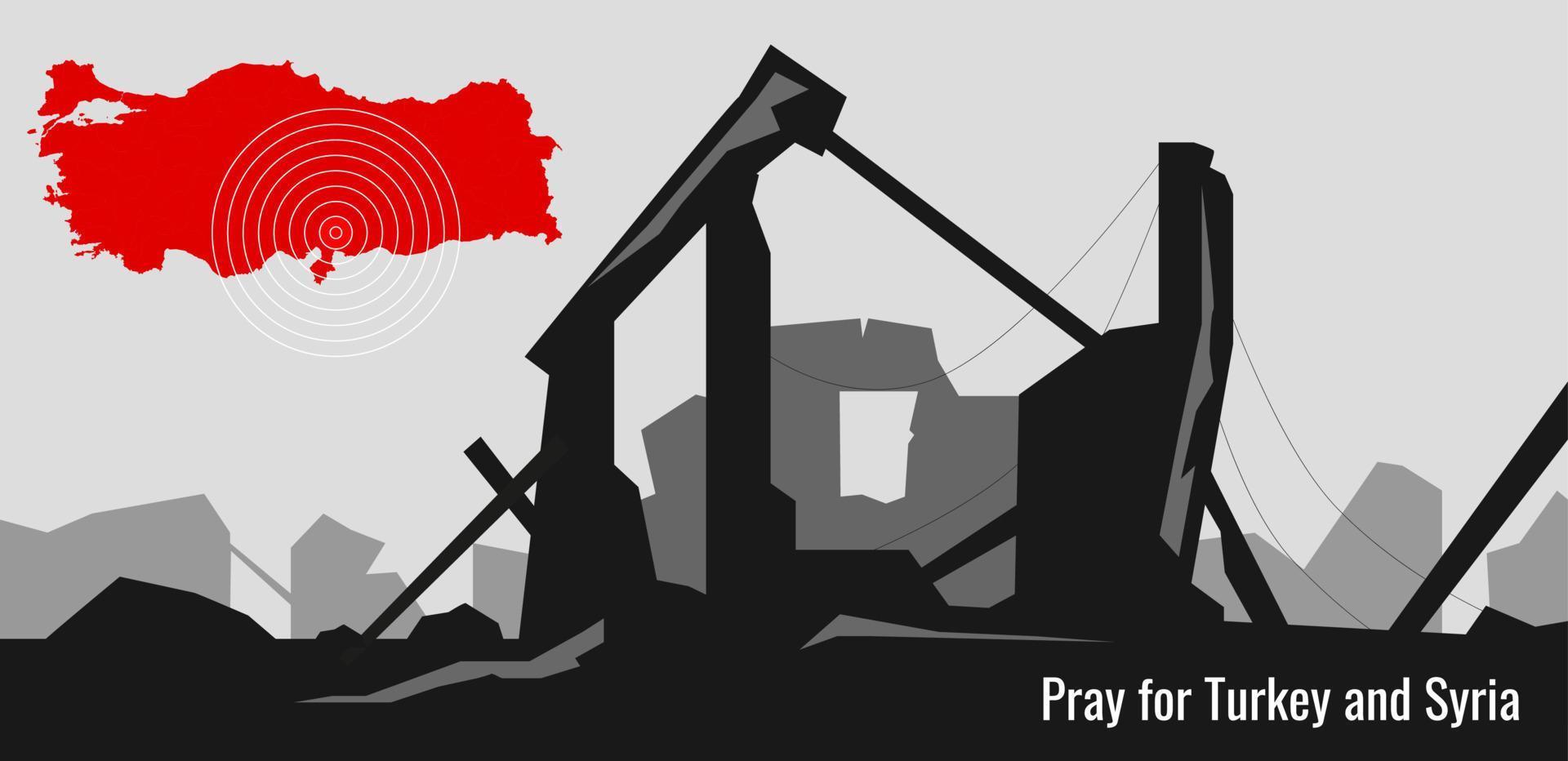 Pray for Turkey and Syria banner. Destroyed house building and red map of Turkey with epicenter of earthquake. vector