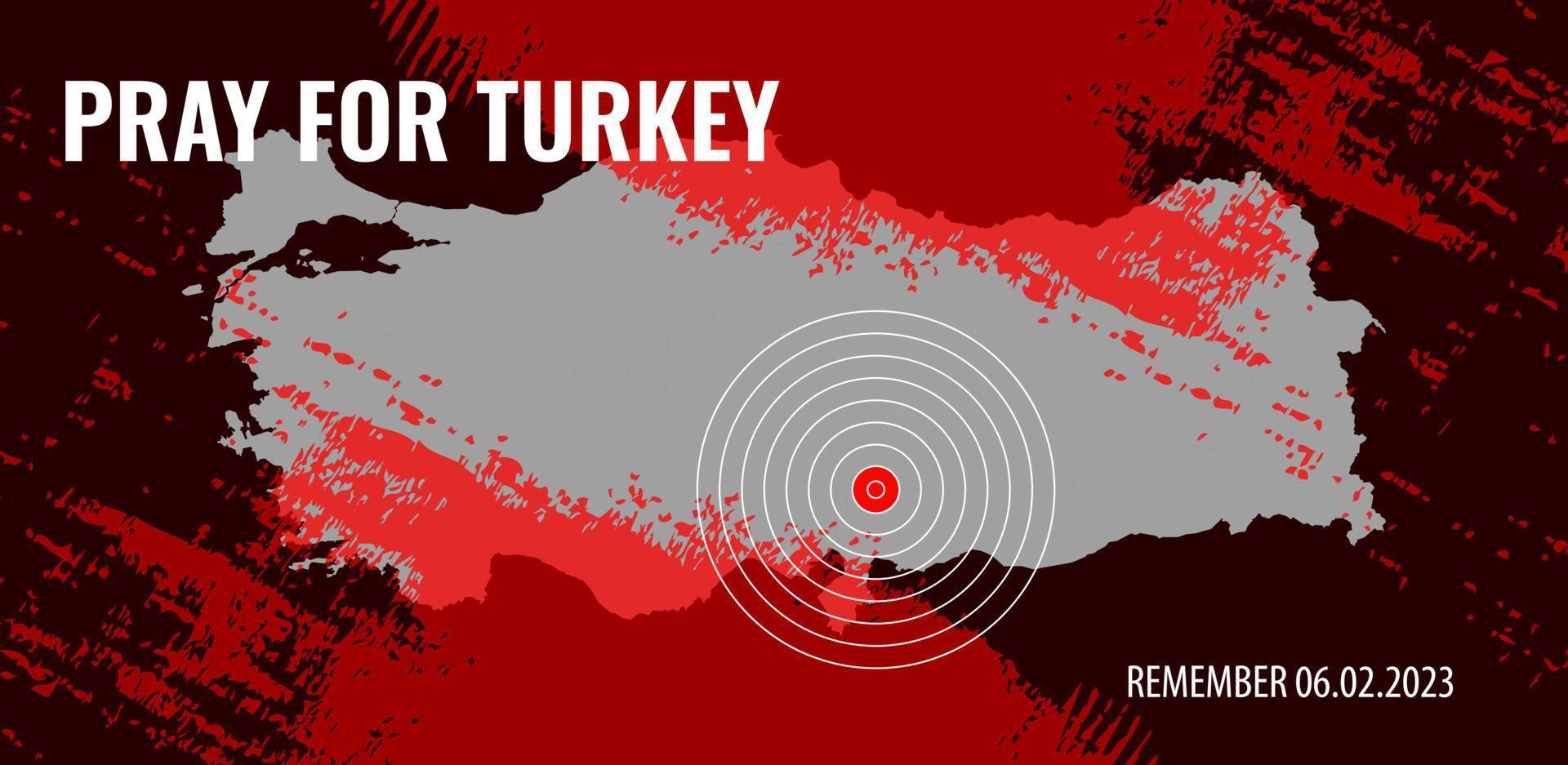 Turquía terremoto bandera con grunge elementos. vector ilustración de el mapa de Turquía con redondo símbolo de epicentro de el terremoto.