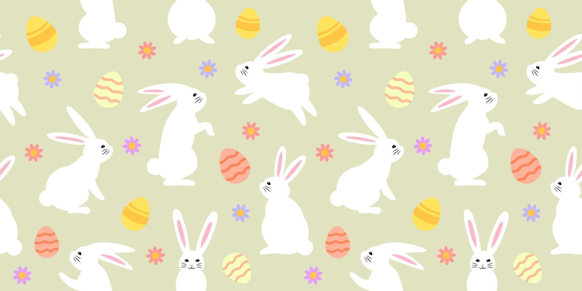 Easter Holiday Seamless pattern with rabbits, decorated eggs and flowers, wrapping paper, print, textile pattern. vector