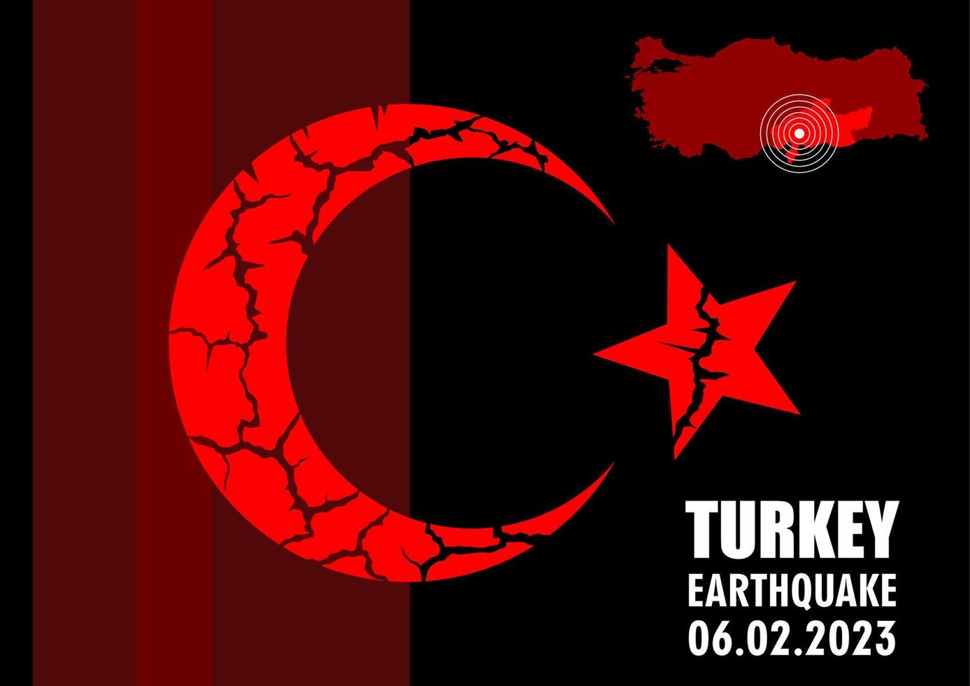 Turkey and Syria earthquake banner with Turkey national emblem cracked. Vector Illustration of the map of Turkey with the place of the earthquake.