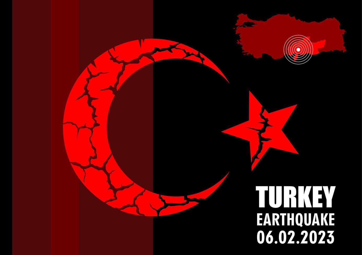 Turquía y Siria terremoto bandera con Turquía nacional emblema agrietado. vector ilustración de el mapa de Turquía con el sitio de el terremoto.