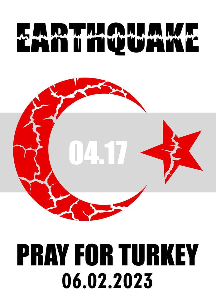 Turkey and Syria earthquake white banner with Turkey national emblem cracked. Vector Illustration of the map of Turkey with the place of the earthquake.
