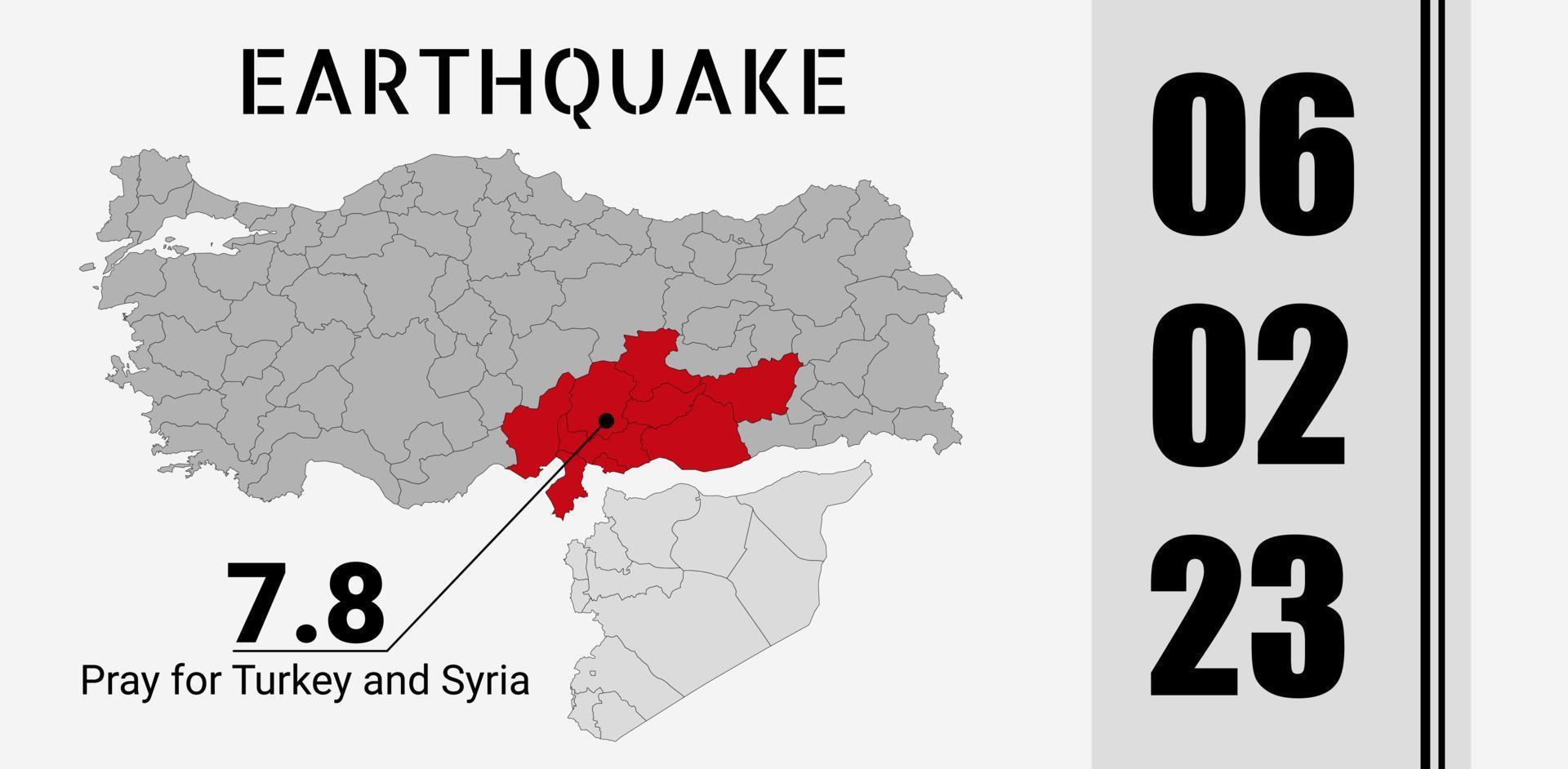 Turquía y Siria terremoto bandera con esquema y terremoto rojo área. vector ilustración de el mapa de Turquía con el sitio de el terremoto.