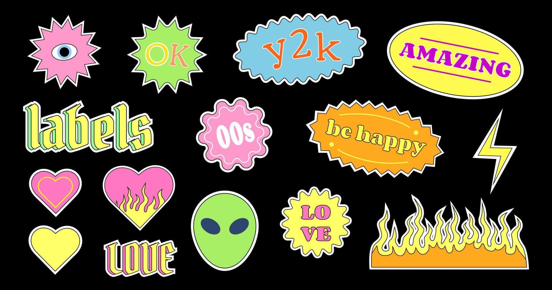 Set of Y2K bright cheerful vector stickers and labels on a black background.