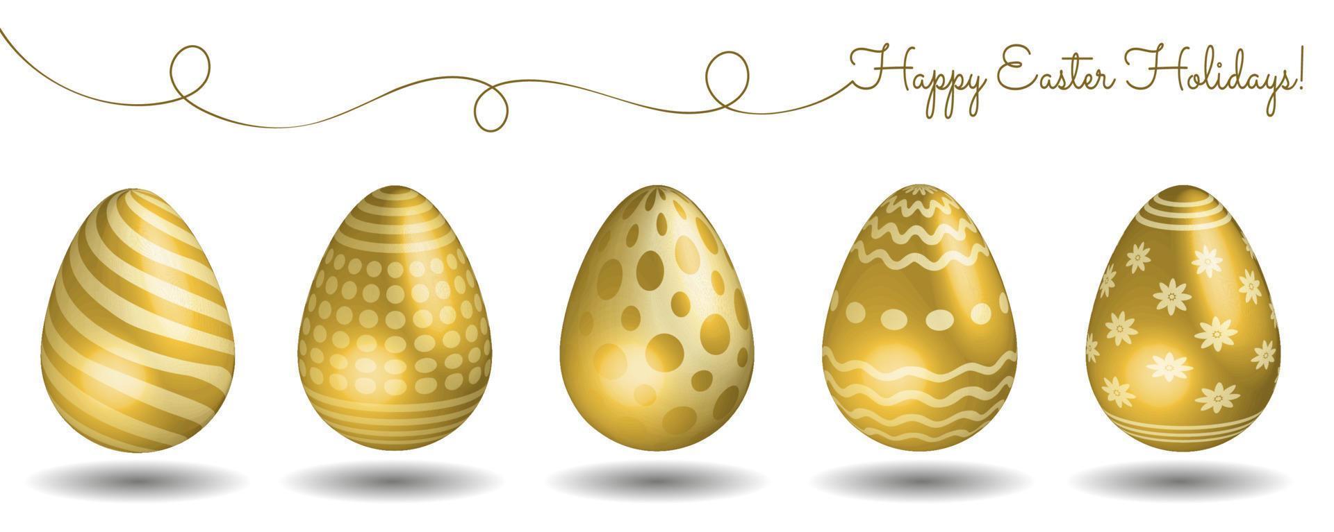 Collection of realistic golden vector Easter decorated eggs, traditional symbol of religious Eater Holiday, group of decorative objects.