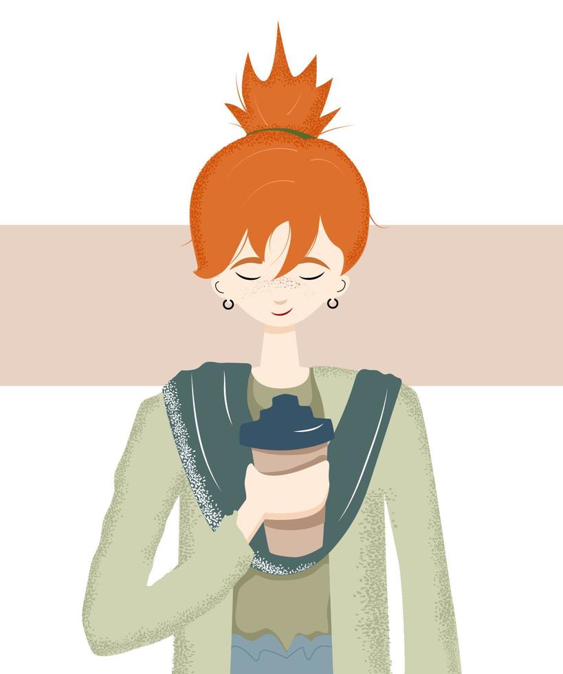 A redhead woman with a cup of take away coffee, vector art, portrait, character.