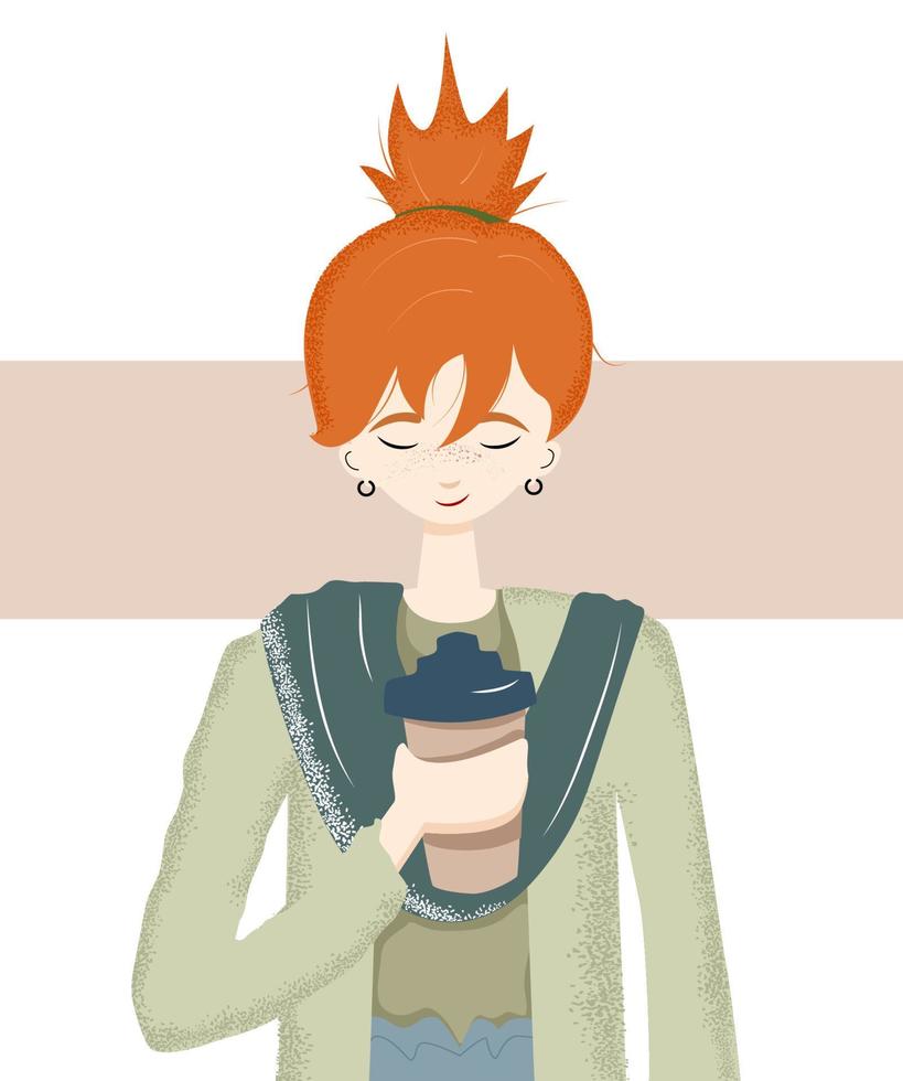 un pelirrojo mujer con un taza de tomar lejos café, vector arte, retrato, personaje.