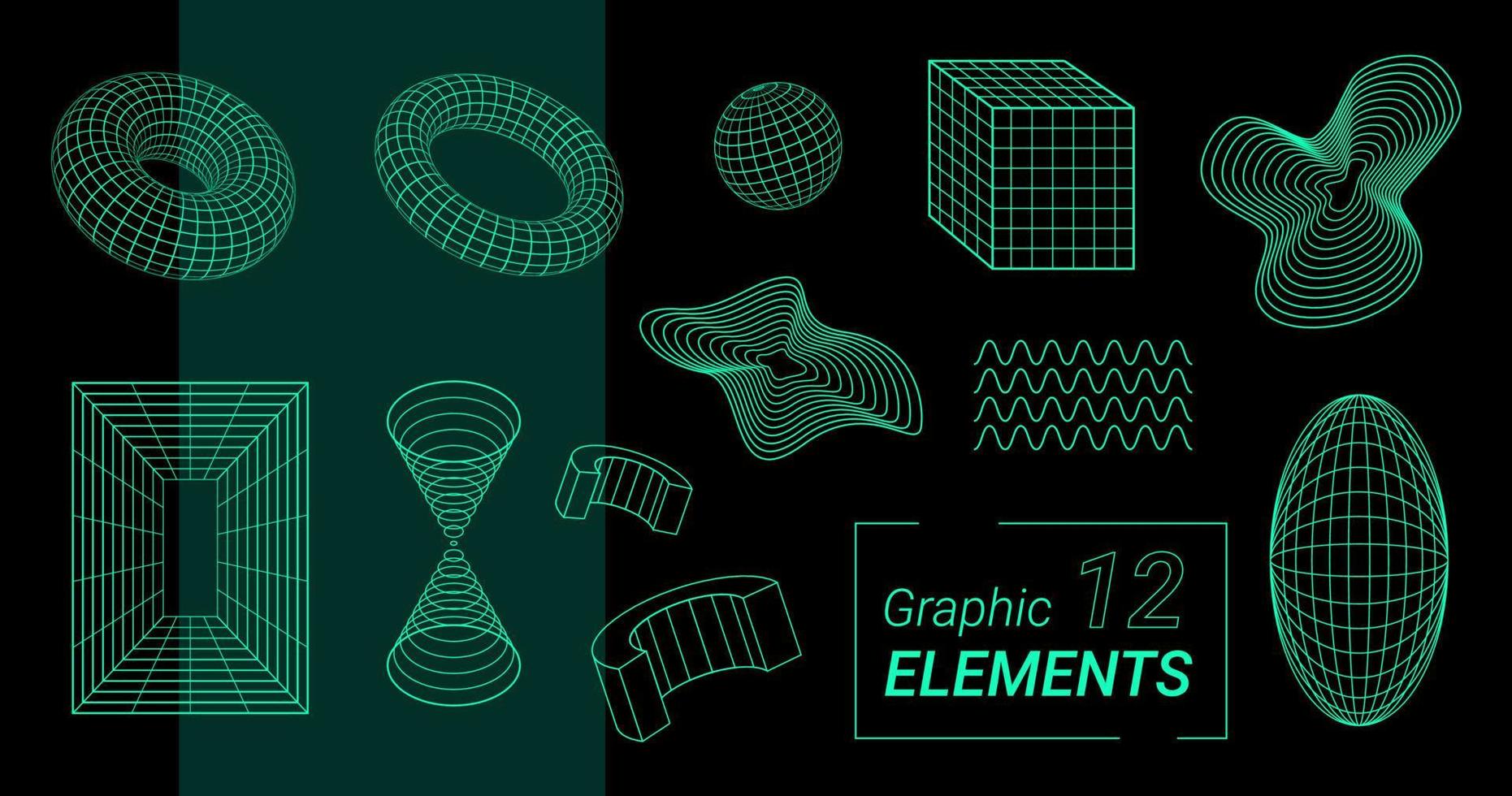 Collection of 12 graphic vector blue y2k abstract elements, wireframes, polygon models, 3d figures and shapes.