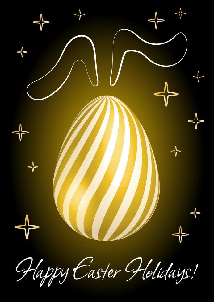 Easter holiday greeting with decorated golden realistic egg, golden stripes and line golden rabbit silhouette, Christianity traditional Holiday invitation, poster, celebration card. vector