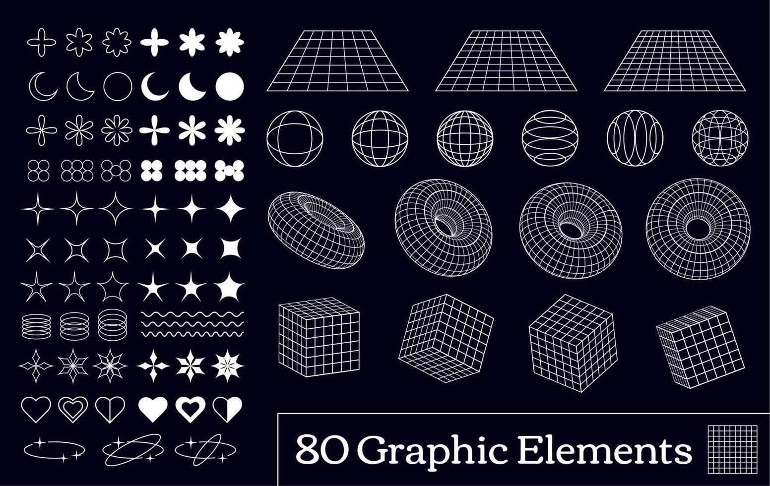 Collection of 80 vector Y2K retro elements, emblems, icons, symbols and geometric forms in wireframe view.