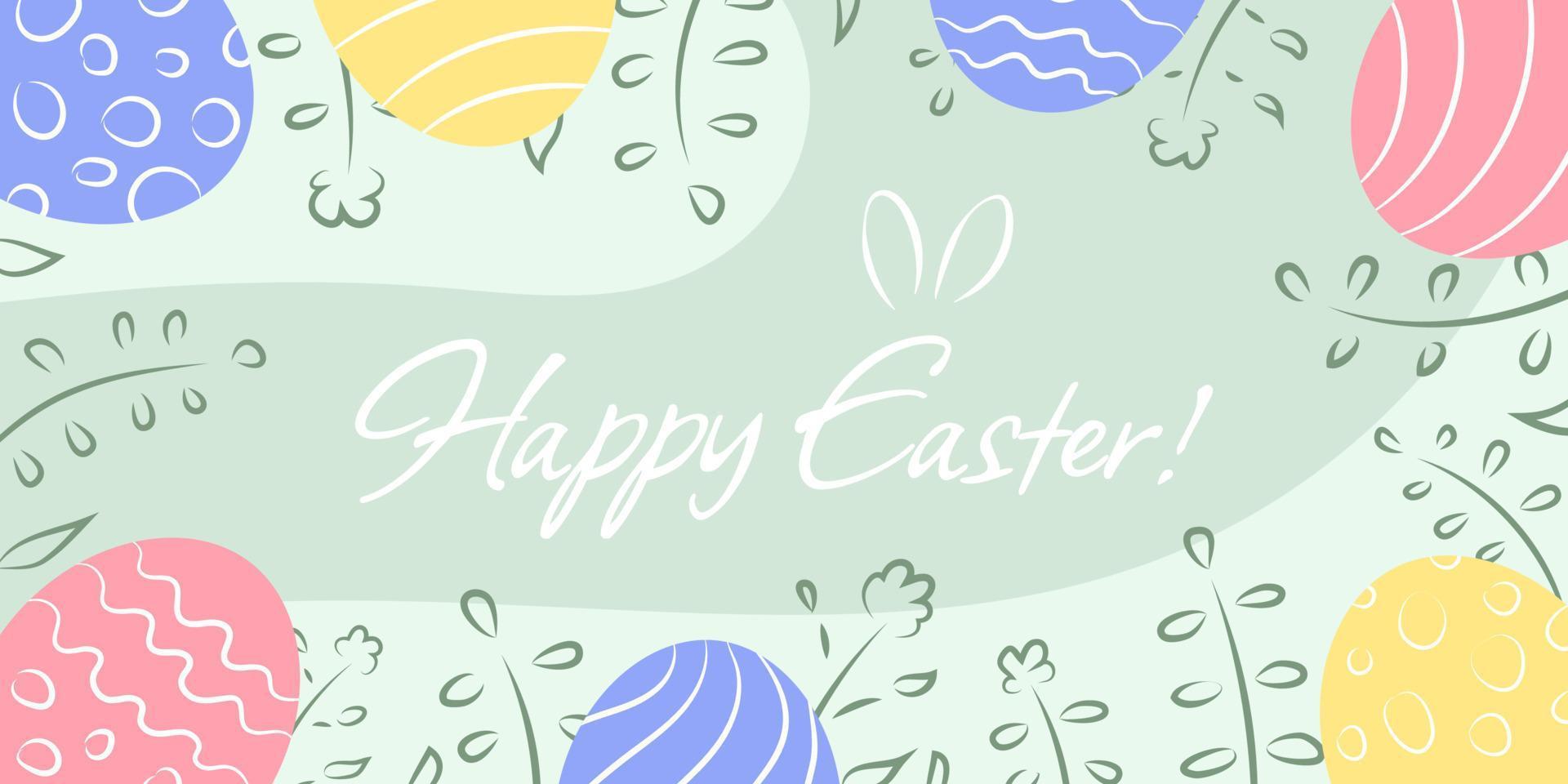 Easter holiday banner with colored and decorated eggs and text with cute rabbit ears, invitation, greeting card vector