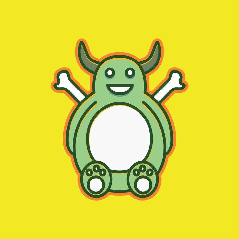 linda mascota animal grasa con cuernos con huesos sonrisa verde monstruo logo diseño vector