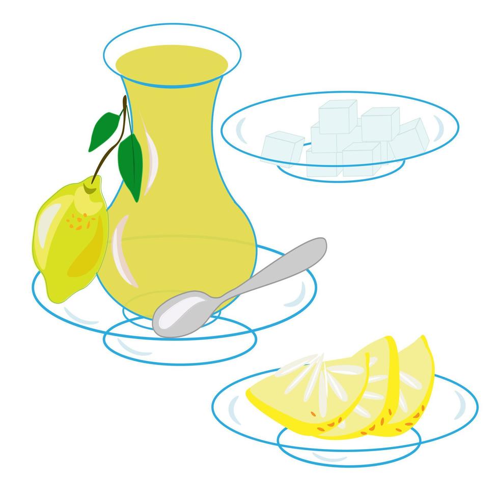 Coffee set. Tea with lemon cup and coffee pot with sugar and a spoon on a saucer. Coffee shop illustration banner poster business card. vector