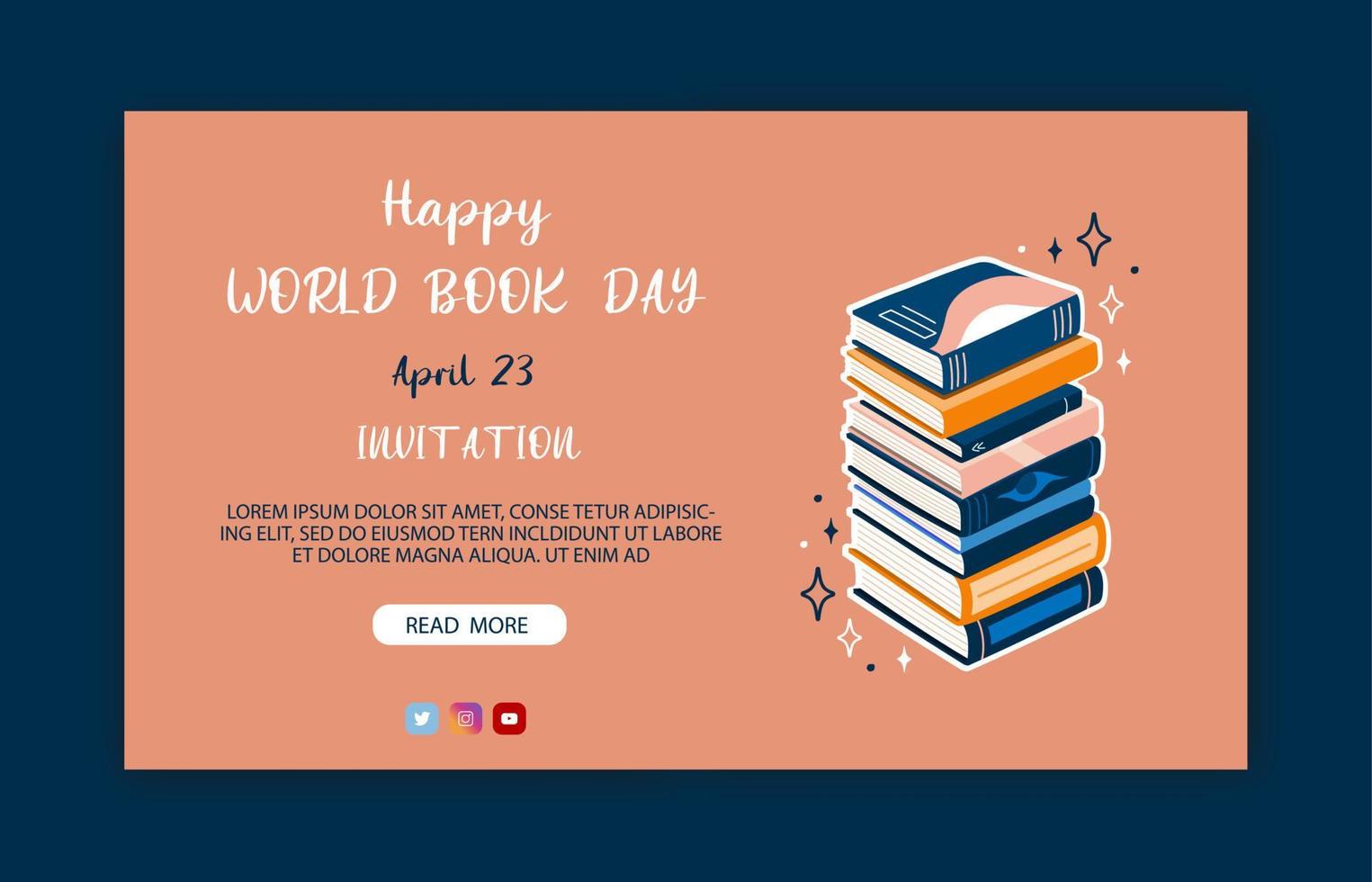 Banner template for world book day. Stack of books to read in flat design style. vector