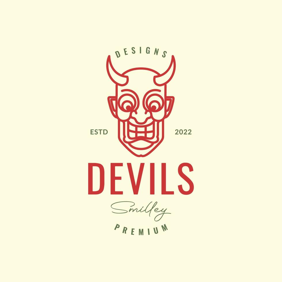 diablo demonio mal con cuernos sonrisa dibujos animados mascota hipster logo diseño vector